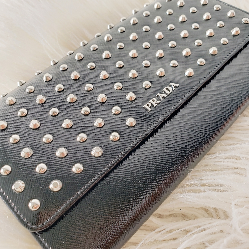Prada Saffiano Vernice Studded Wallet Clutch